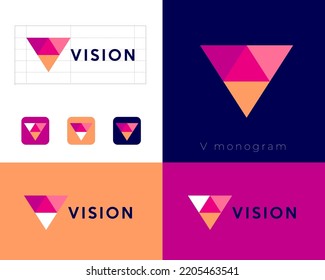 V monogram consist of colorful triangles. Mosaic letter V. Identity, corporate style, app button set.