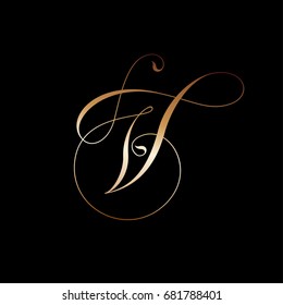 V monogram. Curl, monogram. Beautiful golden curl as letter V.