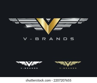 V Monogram Emblem Logo Design in Gold and Metallic with Variations