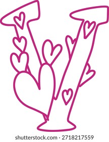 V carta monograma dibujado a mano con corazones. Símbolo de alfabeto rosa aislado en blanco.