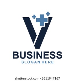 V Monogram with plus medical icon vector design, logotype element for template