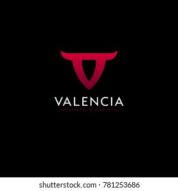 V monogram. Valencia logo. Spanish cuisine. Steak house restaurant or butchery and grill. A letter with horns, like a bull's head.