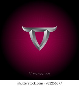 V monogram. Viking logo. Metall letter with horns, like a Viking helmet