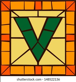 V - Mosaic alphabet capital letters, stained glass windows with frame or tile design, vector illustration