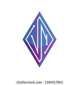 V N Initial letter block chain logo icon vector template. Looping mono line circuit letter on rhombus cube logo