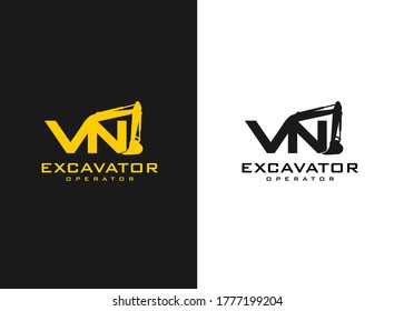 V N VN Initial excavator logo. Excavator logo template vector. Heavy equipment logo vector for construction company. Creative excavator illustration for logo template.