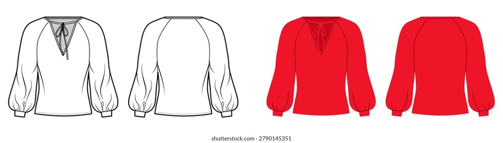 V neck blouse with tie detail, long sleeves and fitted silhouette with clean shaping lines. Technical fashion illustration in black and white and color, front back views, apparel CAD template. Vector