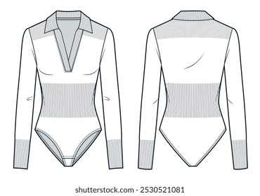 V Neck Bodysuit technical fashion illustration. Polo Collar Bodysuit fashion flat technical drawing template, long sleeve, ribbed, slim fit, front and back view, white, women, men, unisex CAD mockup.