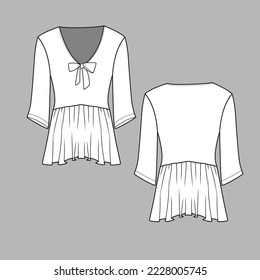 V Neck Bow Ruffles Top elbow Sleeve Waist Gathering Ruffles hem Fancy neck knot tie fashion flats sketch template drawing  design