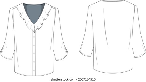 V Neck Button Down Blouse Cad Technical Drawing Vector