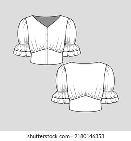 V Neck button panel crop top Gathering Ruffles waist panel cropped gathering Sleeve Top blouse Fashion flat sketch technical drawing template