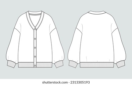 V- neck cardigan for ladies technical drawing fashion flat sketch vector illustration template front and back views