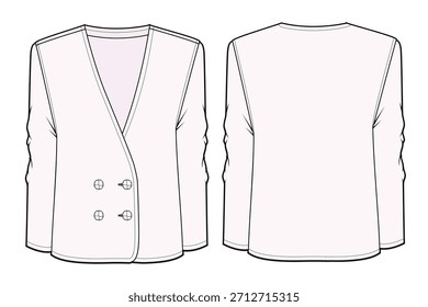 V-Ausschnitt doppelt gebratenen Blazer technische flache Skizze Vektor Mockup Illustration.