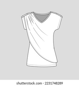 V Neck draped top shoulder button placket fashion flat sketch technical drawing template design vector