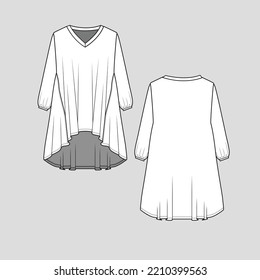 V Neck Dress Long Sleeve High Low Dip Hem Fashion Flat Sketch Drawing Template