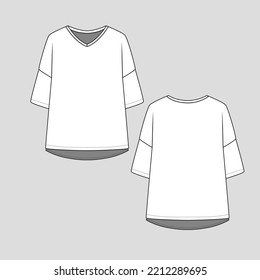 V Neck Drop shoulder Oversized t shirt top high low dip hem fashion cad drawing  flat sketch template