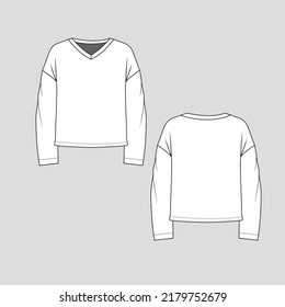 V Neck Drop Shoulder t shirt top Long Sleeve With Cuffs Fashion blouse flat sketch technical drawing template design vector