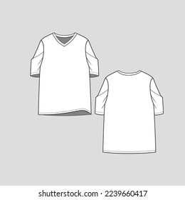 V Neck Fashion Short Sleeve t shirt top blouse Cad Sketch Template drawing vector