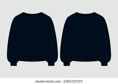 V NECK FASHION SWEATSHIRT PULLOVER. FLAT SKETCH. TECHNICAL DRAWING TEMPLATE