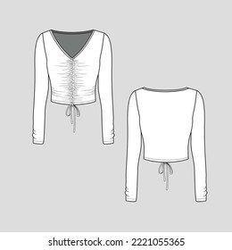 V Neck Gathering Knotted hem Crop Top shirred ruched long Sleeve knot tie hem detail clothing fashion flat sketch technical drawing template design vector