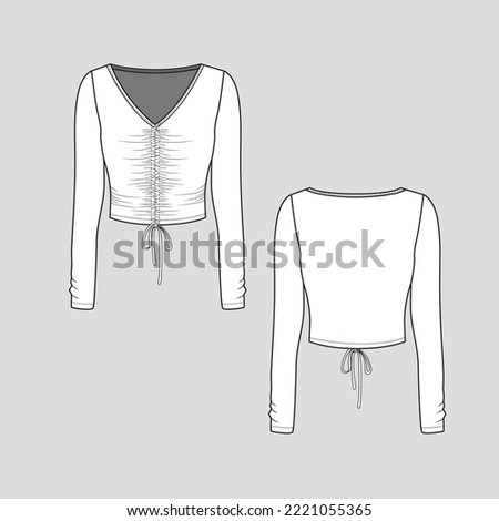 V Neck Gathering Knotted hem Crop Top shirred ruched long Sleeve knot tie hem detail clothing fashion flat sketch technical drawing template design vector Stock photo © 