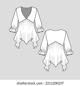 V Neck Gathering knotted sleeve Ruffles hem Top v neck long Gathering sleeve cad flat sketch drawing template
