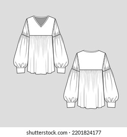 V Neck gathering  lantern Sleeve t shirt top Long sleeve with cuffs gatherings detail blouse Fashion technical drawing design template flat sketch vector