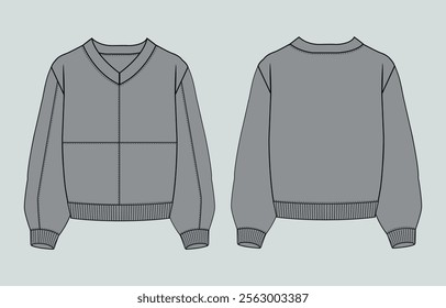  V- neck Grey color long sleeve Sweatshirt vector illustration template for women's