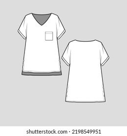 V Neck Kimono Roll Up Sleeve Top Side Slit open with button high low hem pocket  Fashion Template  flat sketch Technical Drawing Cad mock up Design