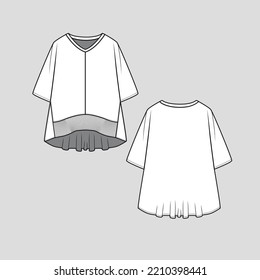 V Neck Kimono Sleeve Sweatshirt High Low Hem Fashion Clothing Flat Sketch Drawing Template Design Vector