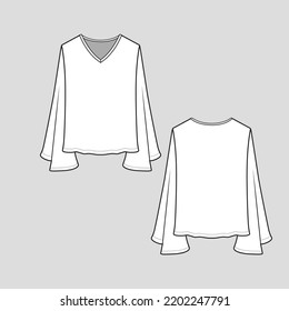 V Neck Long Ruffles Sleeve top bell sleeve ruffle fashion blouse cad technical drawing design template flat sketch