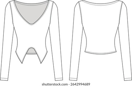 v neck long sleeve fit bodycon elastic blouse top sweater template technical drawing flat sketch cad mockup fashion woman design style model 