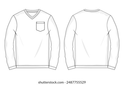 V- neck long sleeve with pocket t shirt technical drawing fashion flat sketch vector illustration template front and back views. 