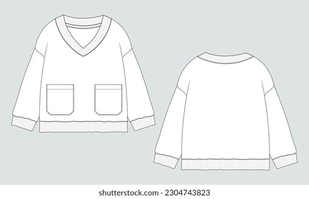 V- neck long sleeve sweatshirt technical drawing fashion flat sketch vector illustration template for womens