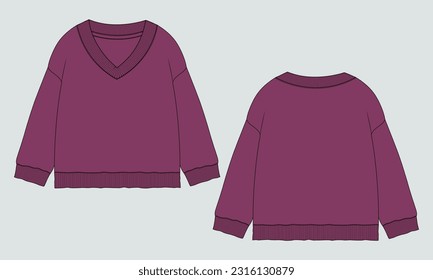 V- sudadera de manga larga de cuello de vectores de jumper plantilla para mujeres.