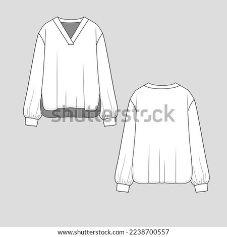 V Neck Long Sleeve top high low dip hem sleeve cuffs Fashion flat sketch technical drawing  template