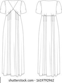 V neck maxi dress, front and back view, vector fashion illustration