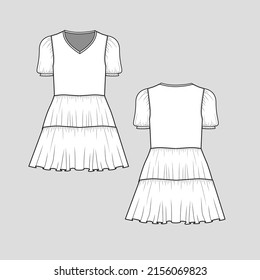 V neck peplum dress fashion elastic sleeve gathering hem puff sleeve ruffles gatherings peplum dress flare hem blouse clothing flat sketch technical drawing template design vector