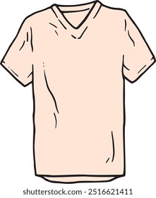 V neck pink shirt hand drawn cartoon mockup illustration. Simple clothes for everyday in blue color with outline contours. Unisex 
cotton fabric mock up with short sleeve. Front side of a t-shirt logo