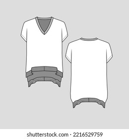 V Neck Ribbed Sweatshirt Kimono Sleeve High Low Rib Hem Fashion Flat Sketch Template Design Drawing