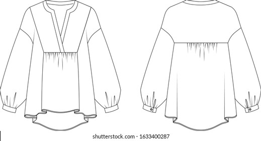 V neck ruffled blouse, front and back view, vector fashion illustration