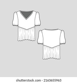V Neck Ruffles top Ruffles detail hem short puff sleeve gathering hem top t shirt blouse Fashion clothing outline flat sketch technical drawing template design vector
