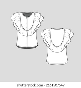 V Cuello Ruflas arriba del panel de botón abierto superior plaqueta de botón de baja caída alta hem ruffee de la forma del bosquejo plano contorno de la cad diseño de la plantilla de dibujo técnico vector
