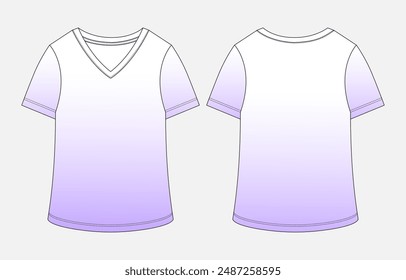 V- neck Short sleeve t shirt tops blouse for ladies technical drawing fashion flat sketch vector illustration template front and back views
