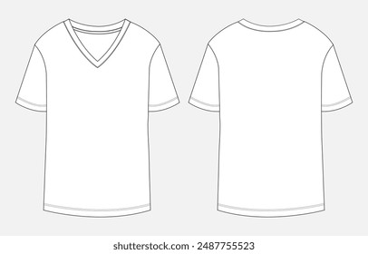 V- neck Short sleeve t shirt technical drawing fashion flat sketch vector illustration template front and back views for ladies.