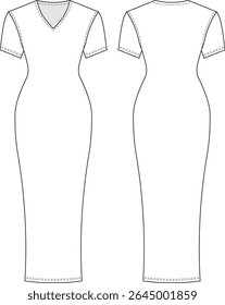 v neck short sleeves bodycon pencil cut midi long maxi dress template technical drawing flat sketch cad mockup fashion woman design style model 