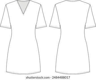 v neck short sleeves straight t-shirt shortelastic dress template technical drawing flat sketch cad mockup fashion woman design style model 