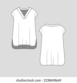 V Neck Sleeveless Long top high low dip hem Fashion flat sketch technical drawing  template