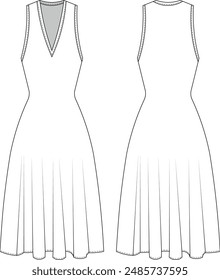 v neck sleeveless midi ankle length flared a line elastic dress template technical drawing flat sketch cad mockup fashion woman design style model 