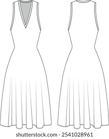 v neck sleeveless midi ankle length flared a line elastic dress template technical drawing flat sketch cad mockup fashion woman design style model 